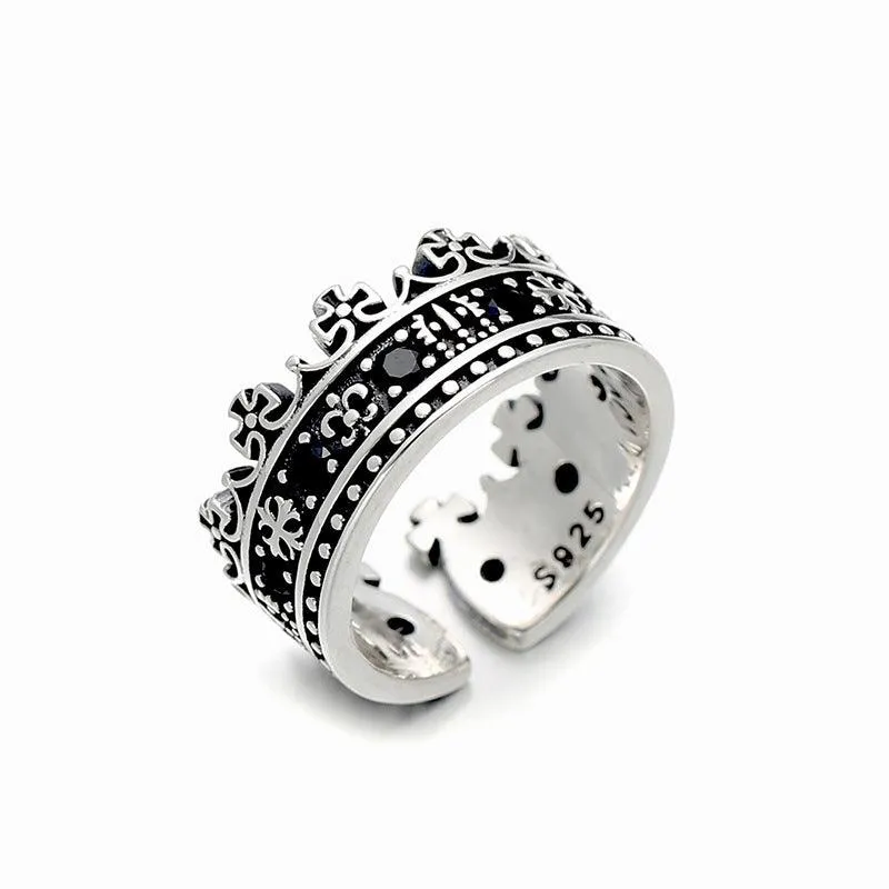 S925 Sterling Silver Inlaid Black Zircon Retro Geometric Adjustable Ring