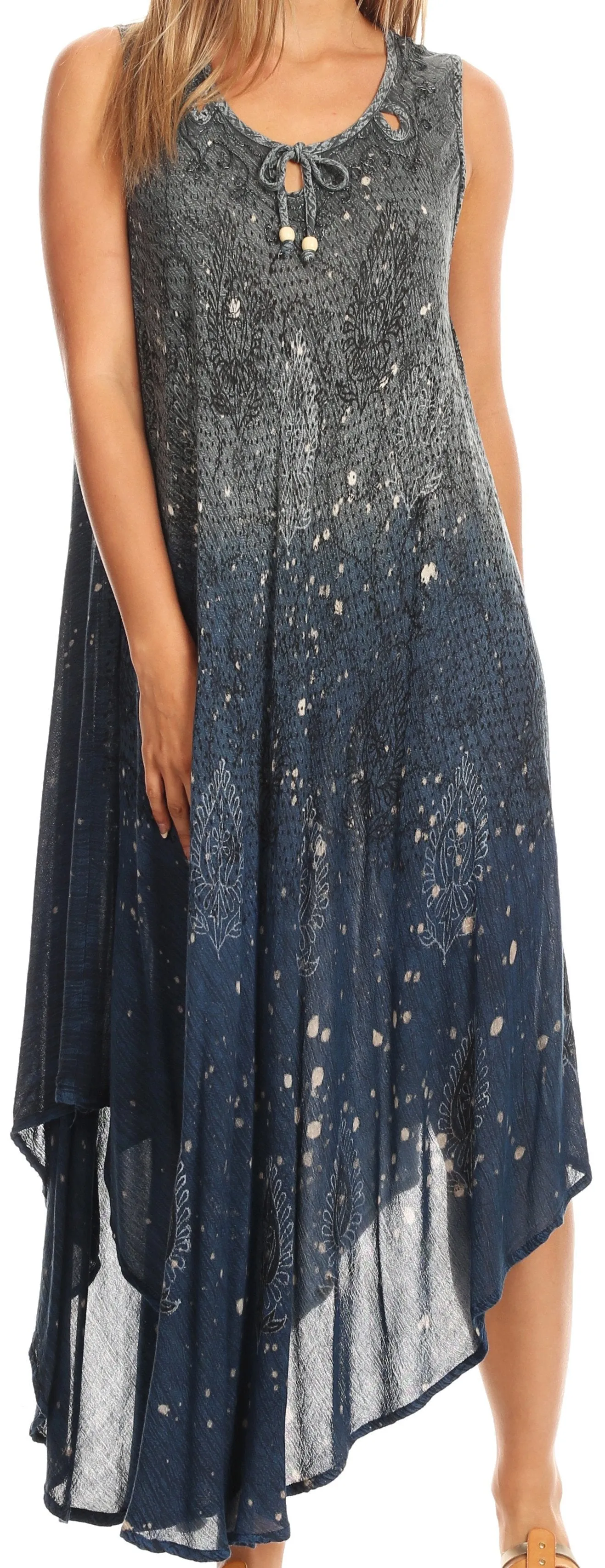Sakkas Priscilla Sleeveless Stonewashed Ombre Tie Front Dress / Cover Up