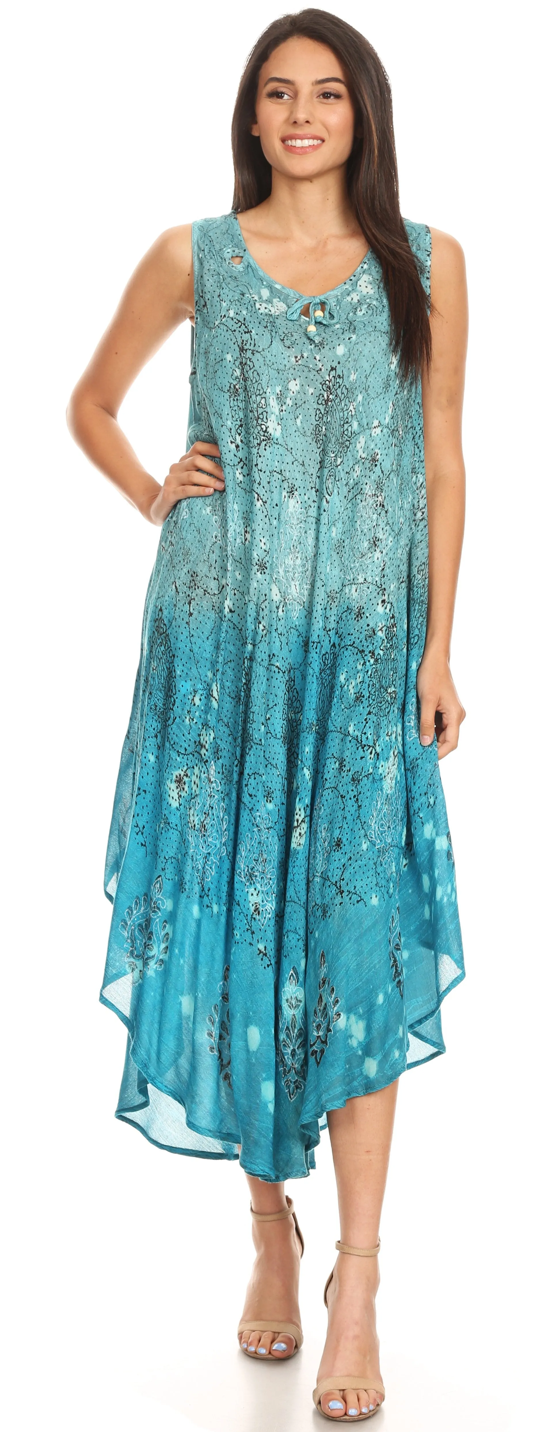 Sakkas Priscilla Sleeveless Stonewashed Ombre Tie Front Dress / Cover Up