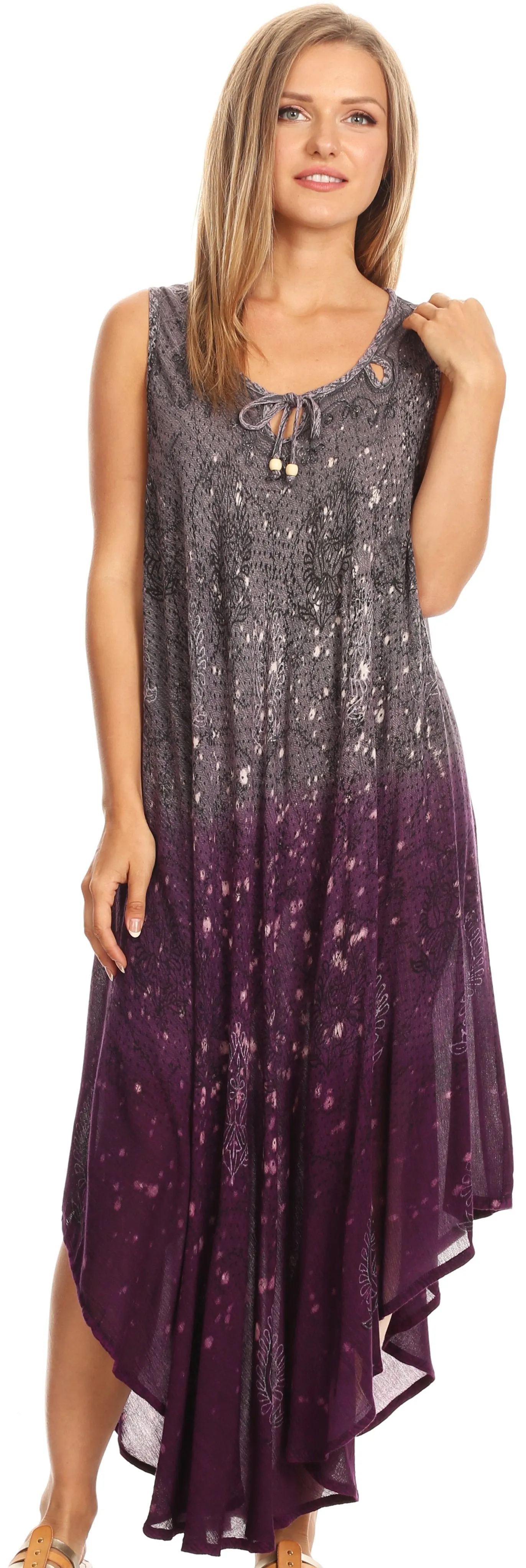 Sakkas Priscilla Sleeveless Stonewashed Ombre Tie Front Dress / Cover Up