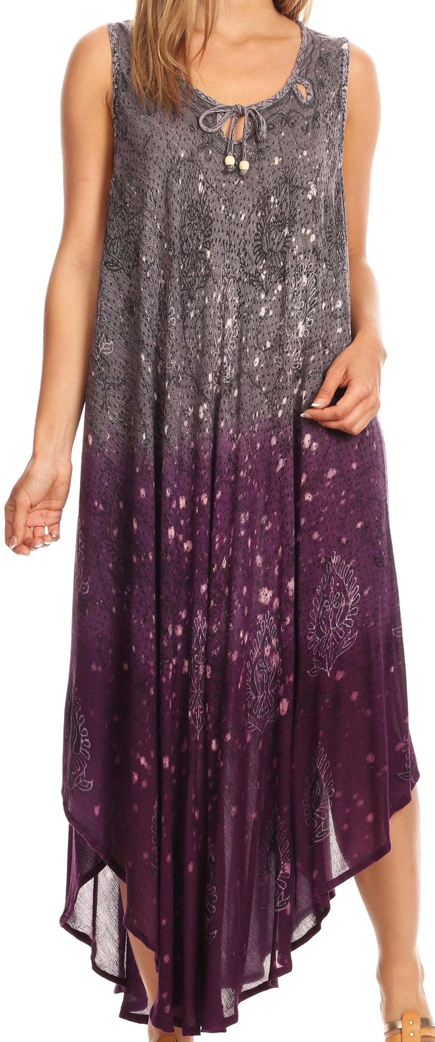 Sakkas Priscilla Sleeveless Stonewashed Ombre Tie Front Dress / Cover Up
