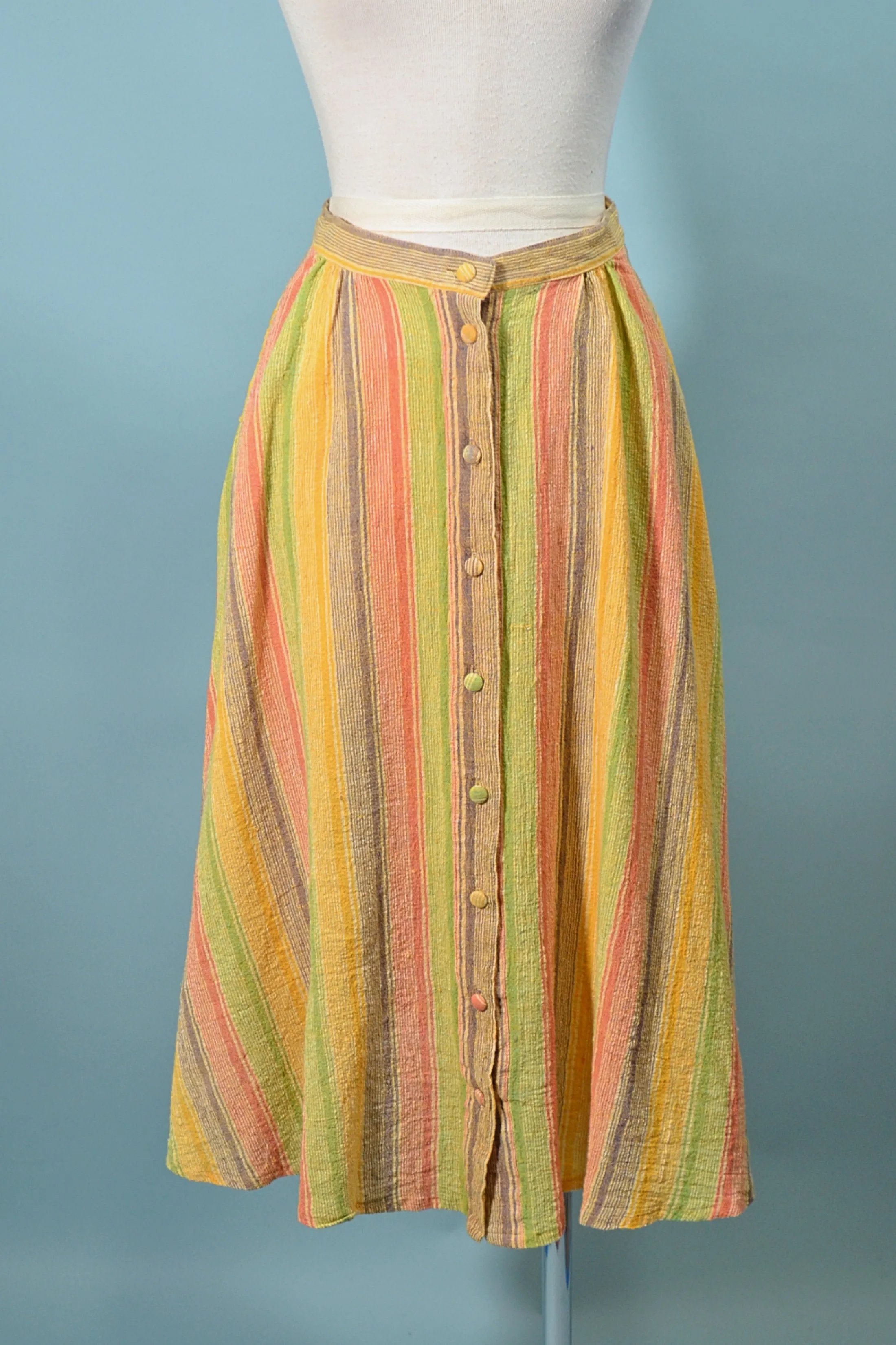 SOLD Vintage 60s/70s Gauze Striped A Line Skirt, Boho Hippie Skirt w/Pockets S