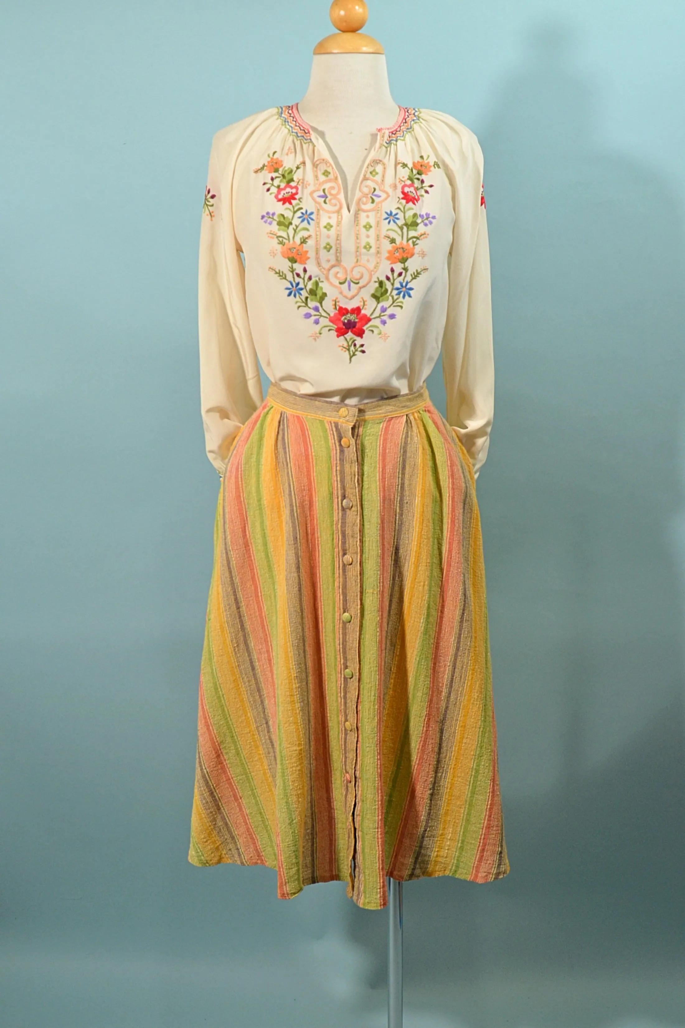 SOLD Vintage 60s/70s Gauze Striped A Line Skirt, Boho Hippie Skirt w/Pockets S