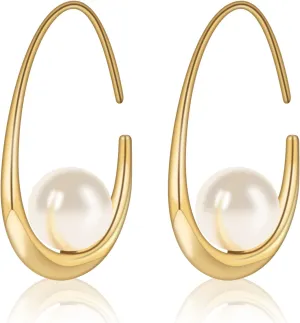 Statement Large Oval Hoop Pearl Earrings, Gold Pearl Drop Dangle Earrings for Women, Teardrop Silver Pearl Drop Earrings, Statement Fashion Wedding Bridal Earrings as Birthday Christmas Gifts