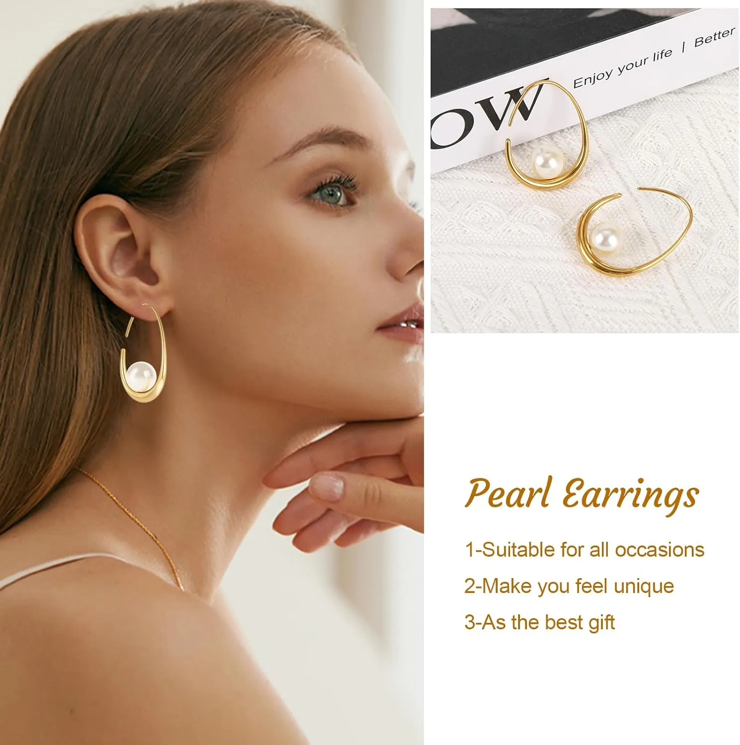 Statement Large Oval Hoop Pearl Earrings, Gold Pearl Drop Dangle Earrings for Women, Teardrop Silver Pearl Drop Earrings, Statement Fashion Wedding Bridal Earrings as Birthday Christmas Gifts