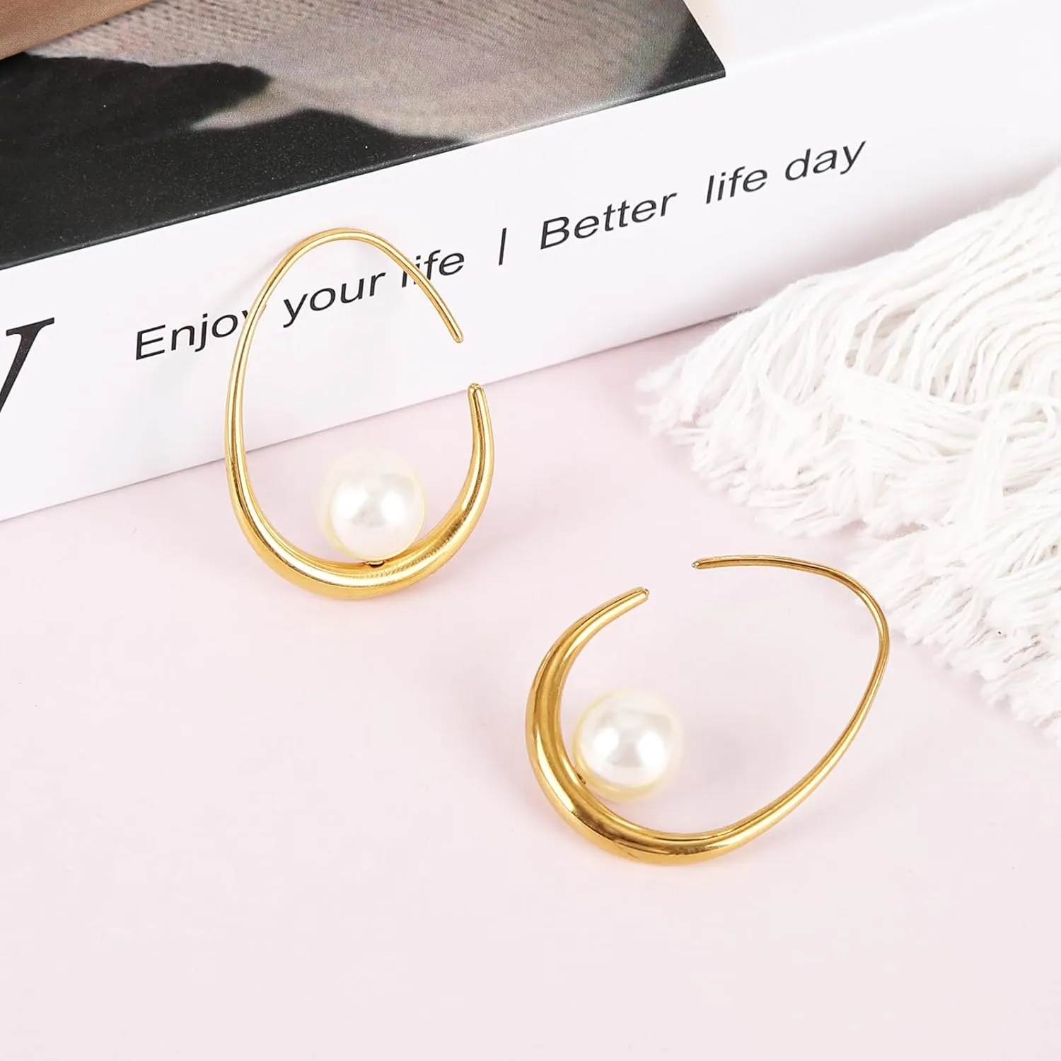 Statement Large Oval Hoop Pearl Earrings, Gold Pearl Drop Dangle Earrings for Women, Teardrop Silver Pearl Drop Earrings, Statement Fashion Wedding Bridal Earrings as Birthday Christmas Gifts