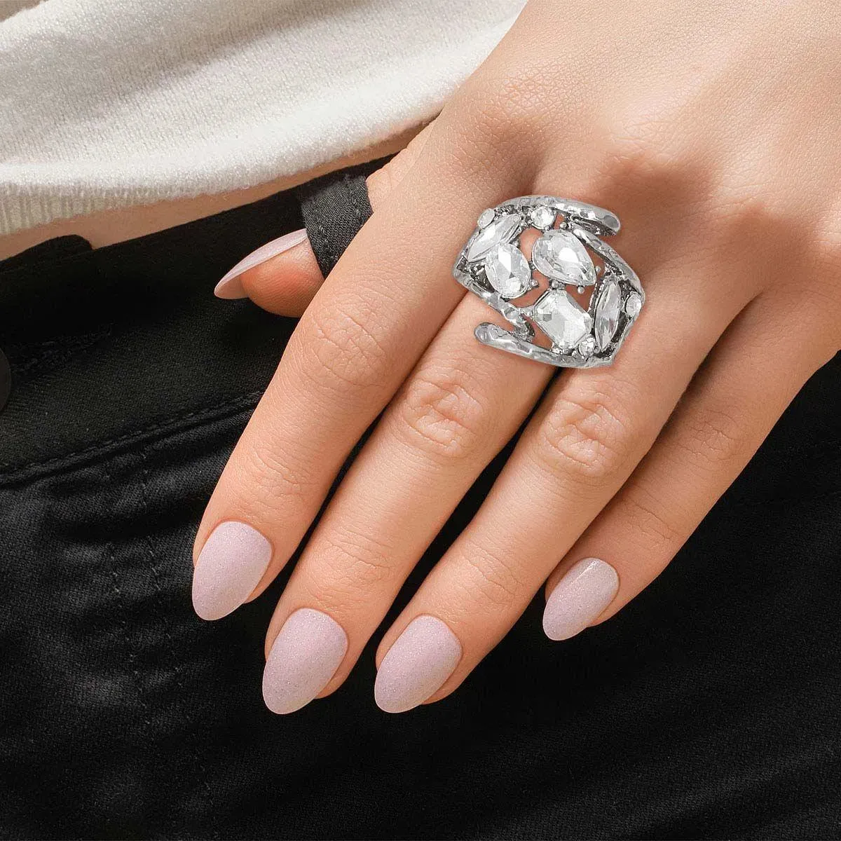 Stunning Curved Cocktail Ring - Silver Finish Clear Crystal