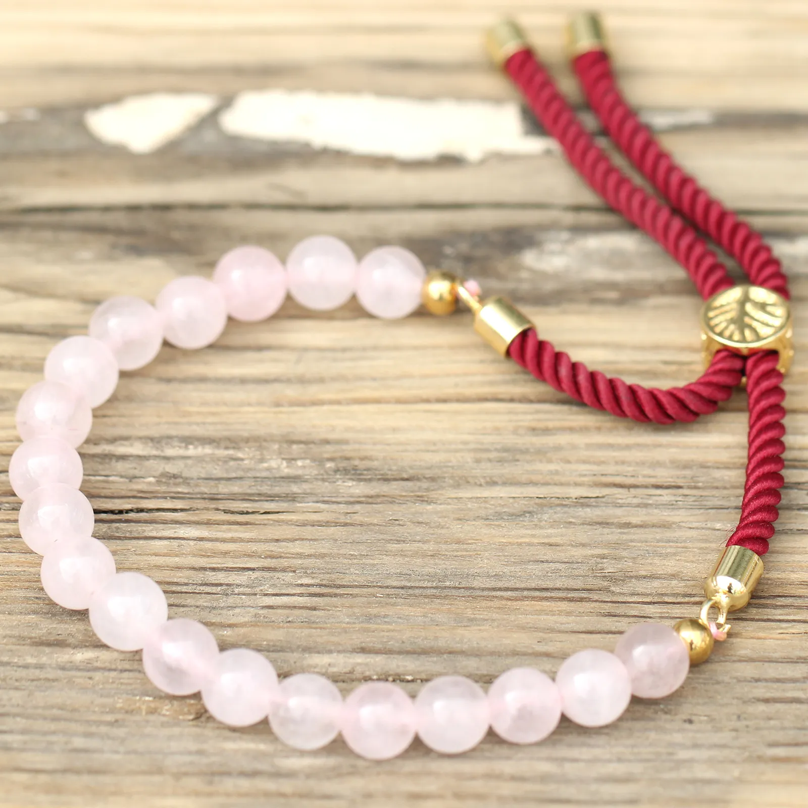 Stylish 18K Gold Plated Rose Quartz Gemstone Bordeaux String Bracelet - Adjustable & Elegant