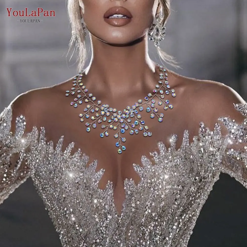 TOPQUEEN HN01 Elegant Crystal Woman Necklace Bridal Clavicle Chain Choker Wedding Party Diamante Brides Jewelry Anniversary Gift