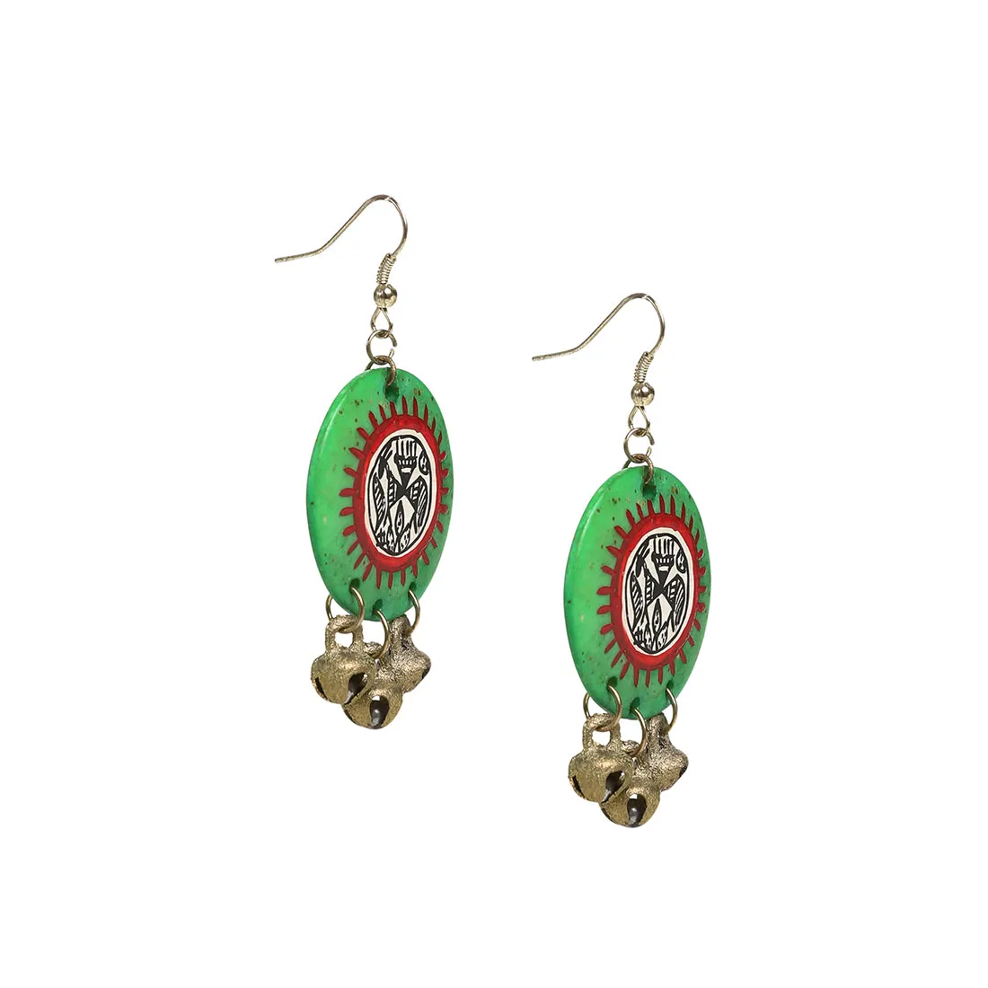 'Tribal Warli Rounds' Bohemian Resin Earrings Hand-painted In Warli Art (Shamrock Green)