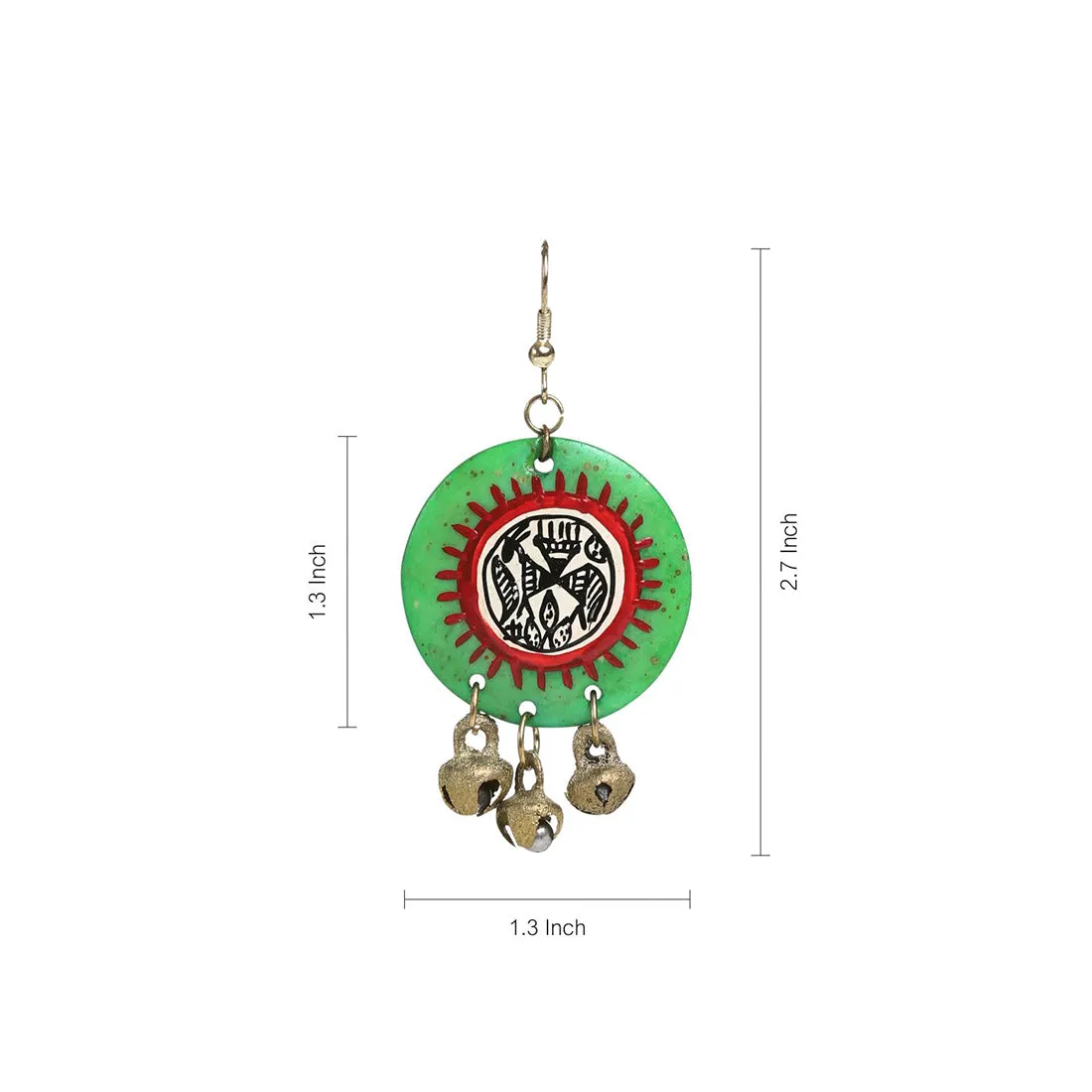 'Tribal Warli Rounds' Bohemian Resin Earrings Hand-painted In Warli Art (Shamrock Green)