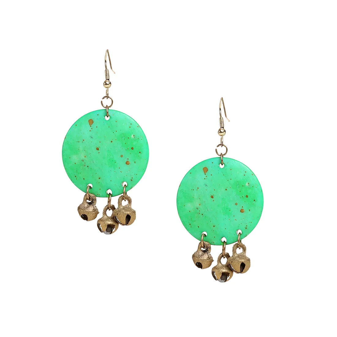 'Tribal Warli Rounds' Bohemian Resin Earrings Hand-painted In Warli Art (Shamrock Green)