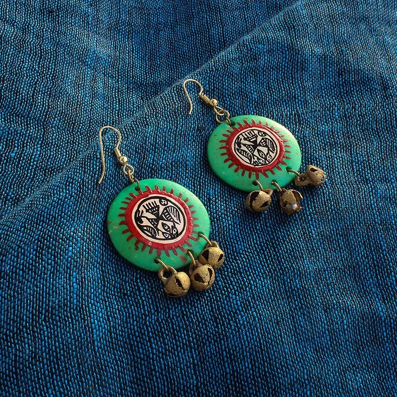 'Tribal Warli Rounds' Bohemian Resin Earrings Hand-painted In Warli Art (Shamrock Green)
