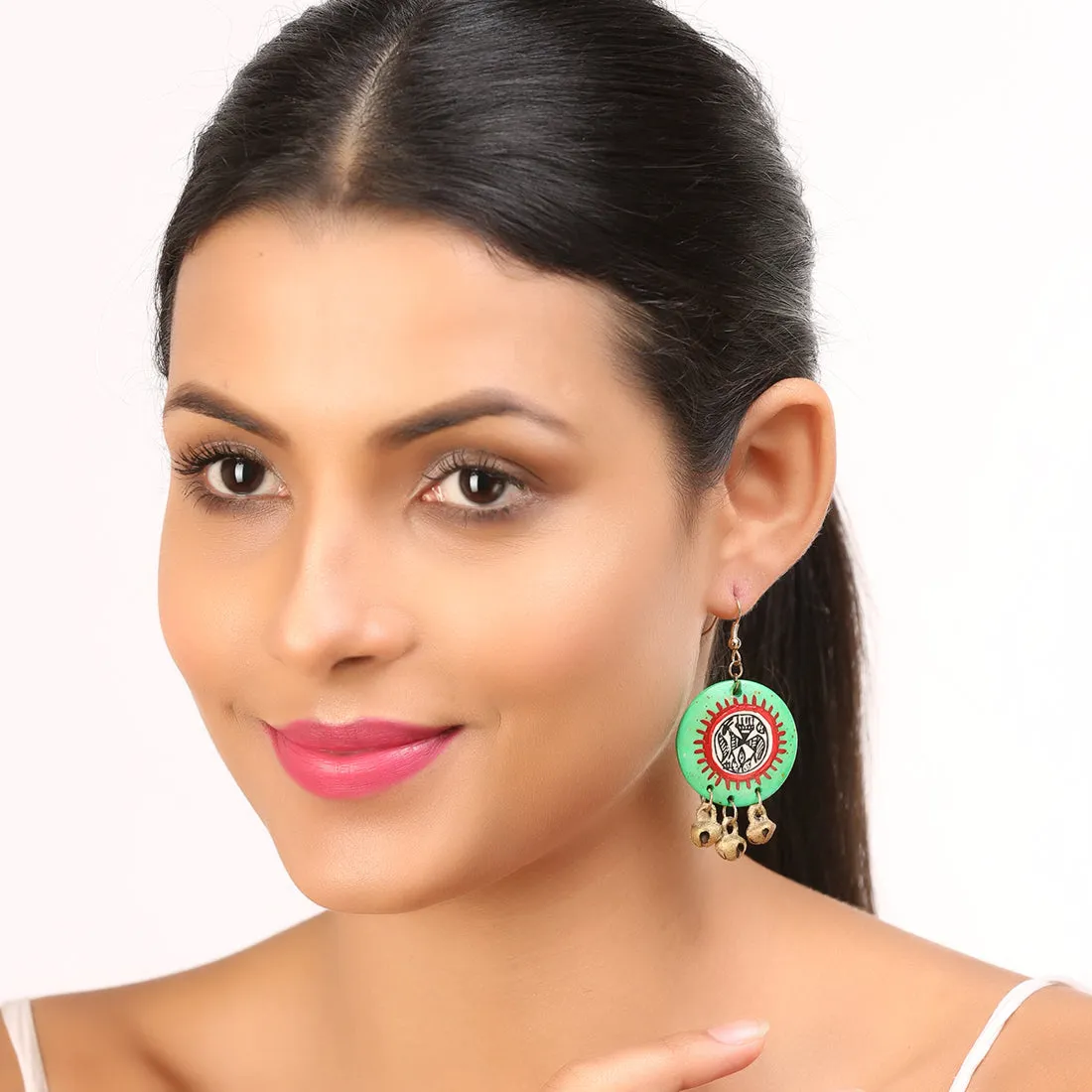'Tribal Warli Rounds' Bohemian Resin Earrings Hand-painted In Warli Art (Shamrock Green)