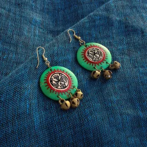 'Tribal Warli Rounds' Bohemian Resin Earrings Hand-painted In Warli Art (Shamrock Green)