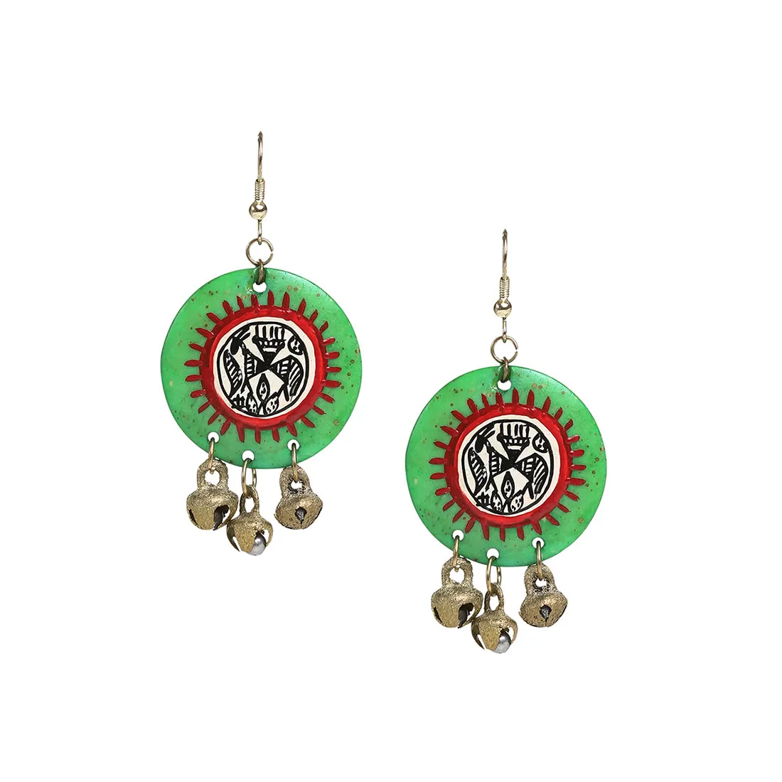 'Tribal Warli Rounds' Bohemian Resin Earrings Hand-painted In Warli Art (Shamrock Green)