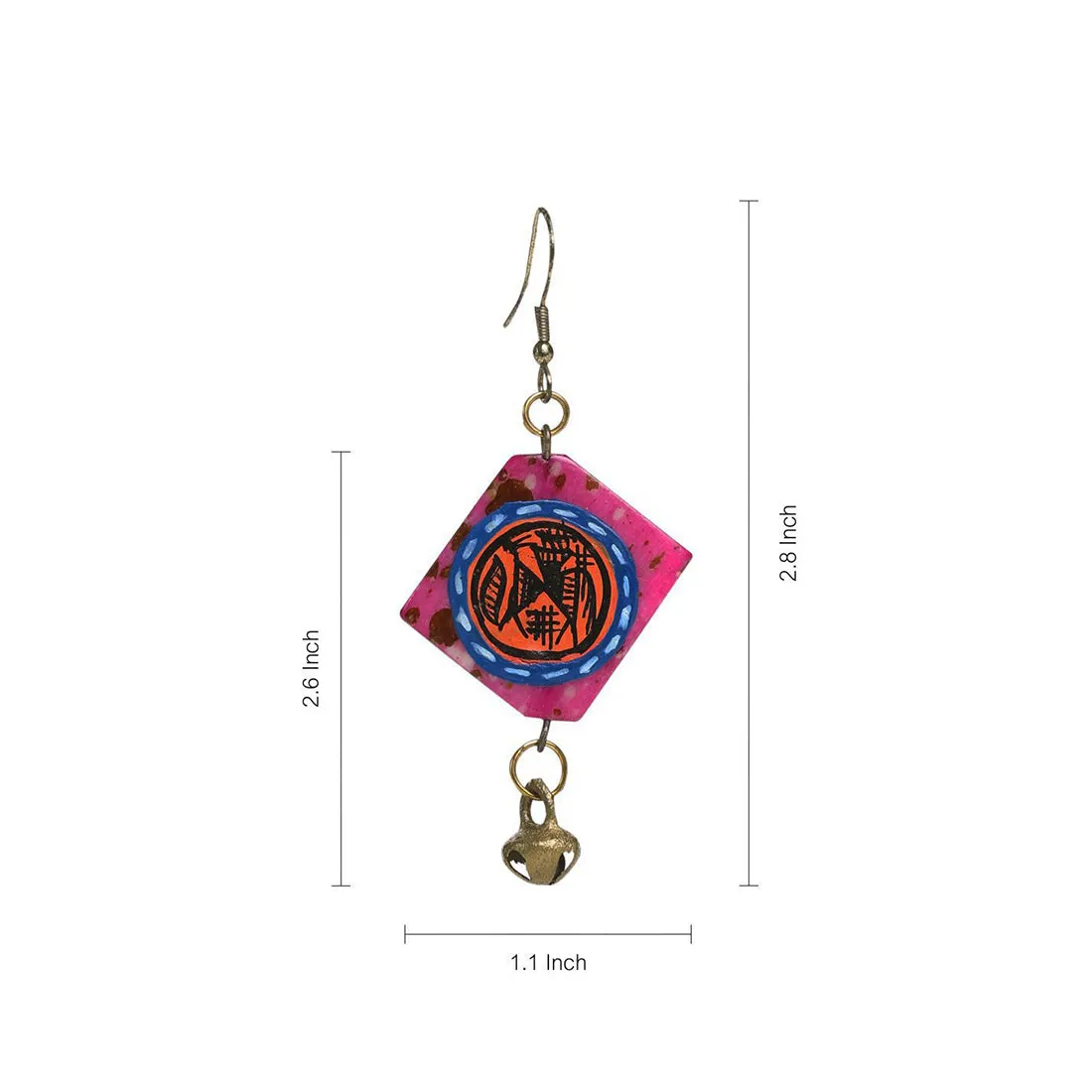 'Tribal Warli Squares' Bohemian Resin Earrings Hand-painted In Warli Art (Punch Pink)