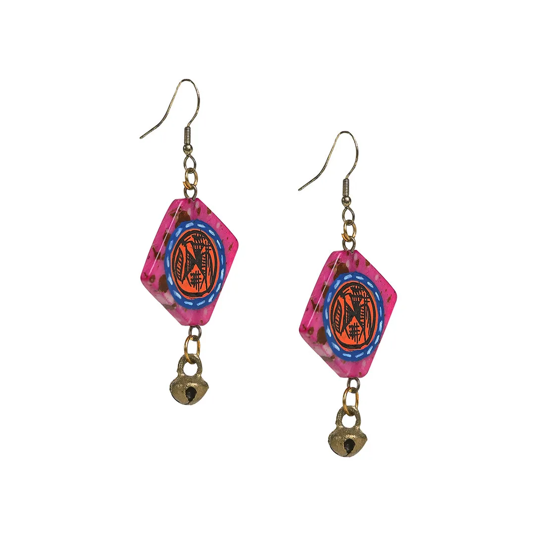 'Tribal Warli Squares' Bohemian Resin Earrings Hand-painted In Warli Art (Punch Pink)