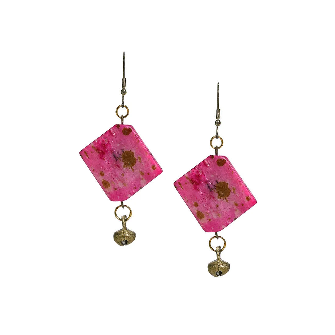 'Tribal Warli Squares' Bohemian Resin Earrings Hand-painted In Warli Art (Punch Pink)
