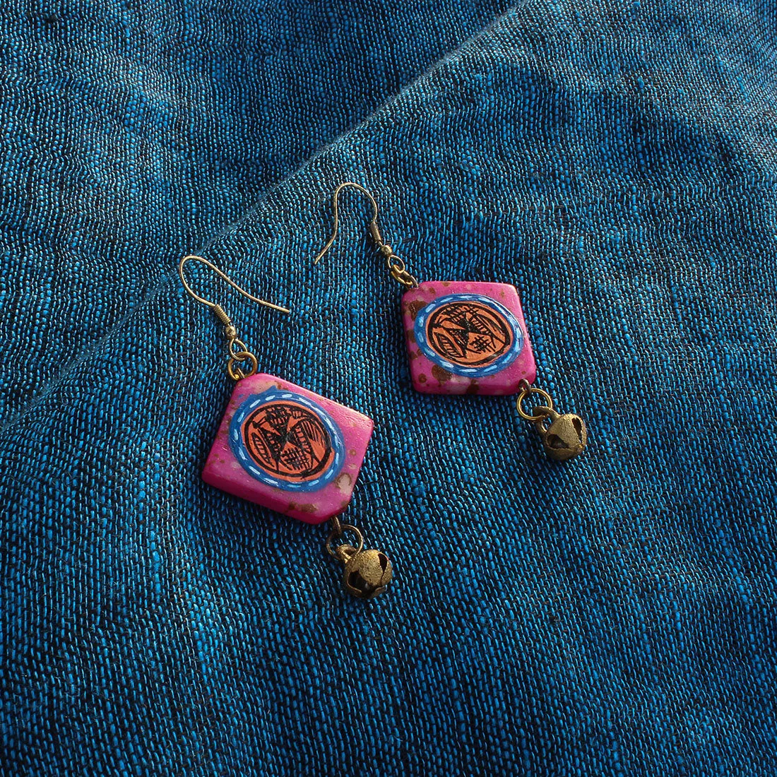 'Tribal Warli Squares' Bohemian Resin Earrings Hand-painted In Warli Art (Punch Pink)