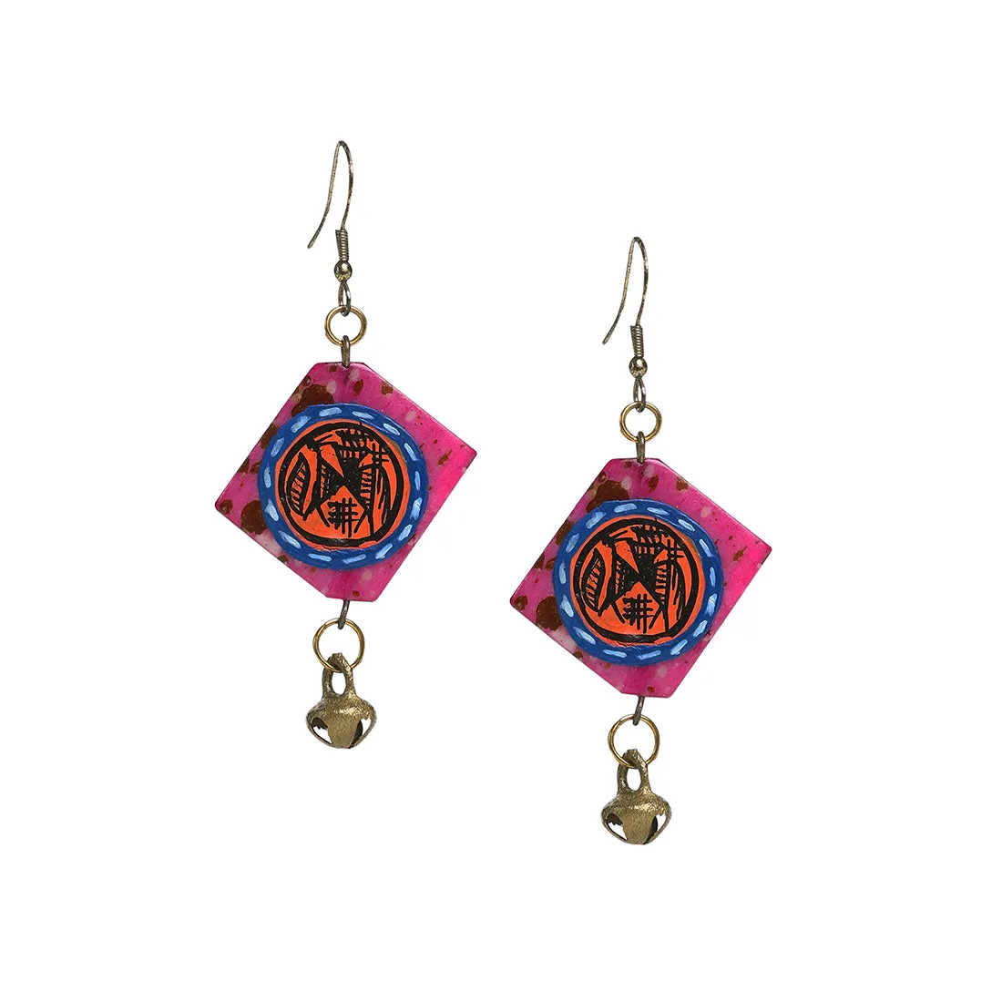 'Tribal Warli Squares' Bohemian Resin Earrings Hand-painted In Warli Art (Punch Pink)