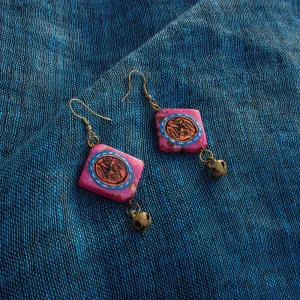 'Tribal Warli Squares' Bohemian Resin Earrings Hand-painted In Warli Art (Punch Pink)