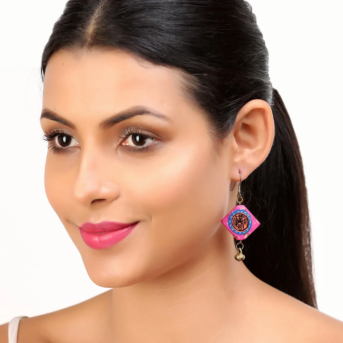 'Tribal Warli Squares' Bohemian Resin Earrings Hand-painted In Warli Art (Punch Pink)