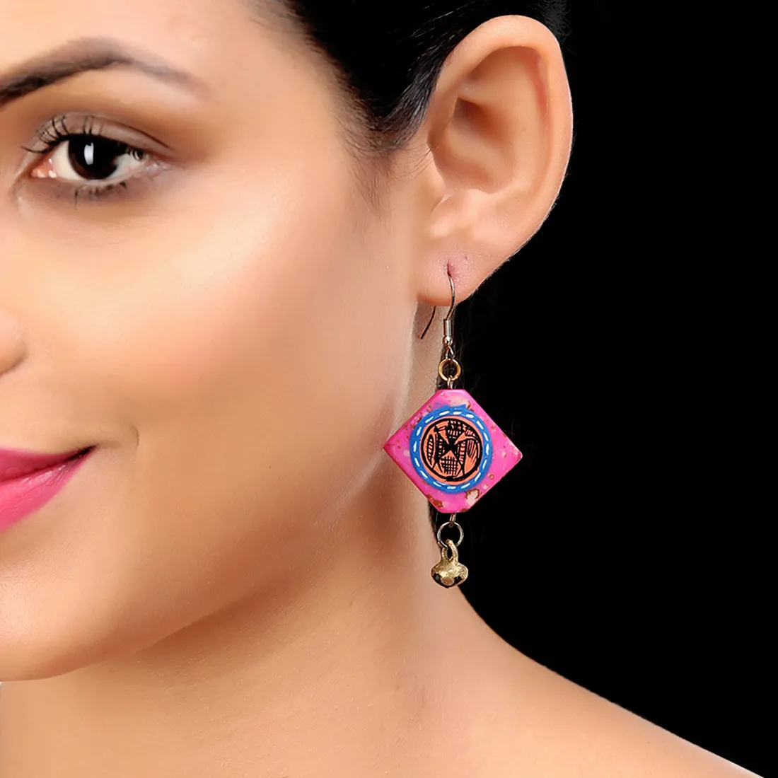 'Tribal Warli Squares' Bohemian Resin Earrings Hand-painted In Warli Art (Punch Pink)