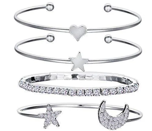Yellow Chimes 4 PCS Set Stylish Heart Moon & Star Gold Plated Set Kadaa Bracelet for Women and Girls (Silver)