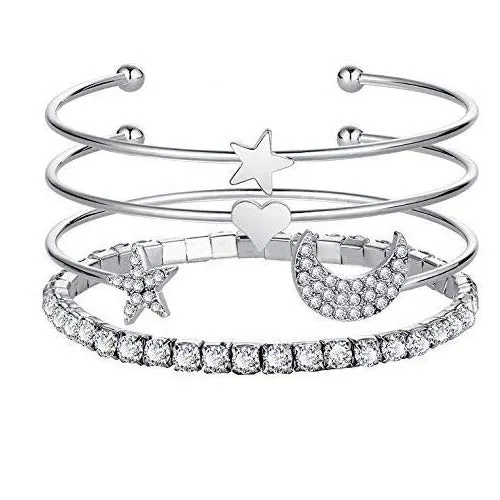 Yellow Chimes 4 PCS Set Stylish Heart Moon & Star Gold Plated Set Kadaa Bracelet for Women and Girls (Silver)