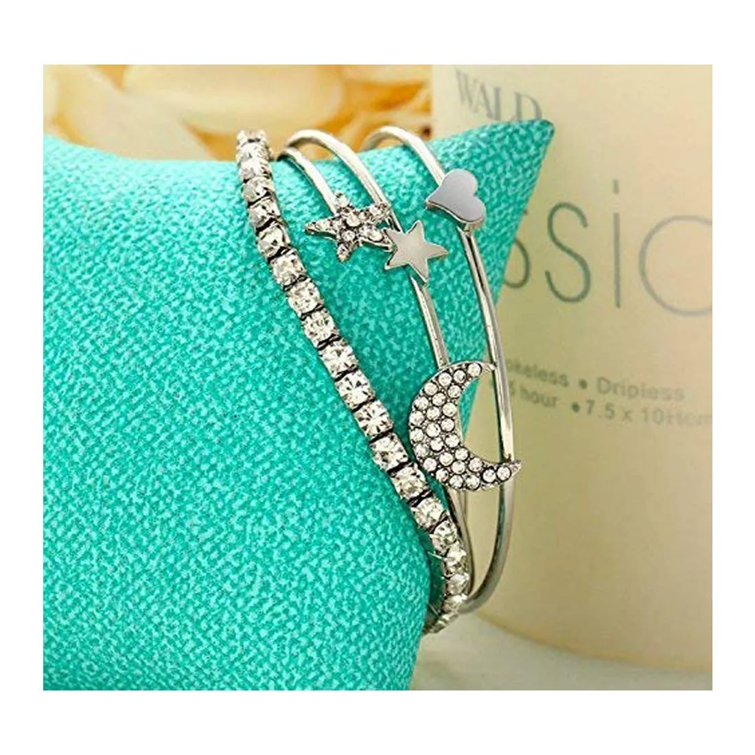 Yellow Chimes 4 PCS Set Stylish Heart Moon & Star Gold Plated Set Kadaa Bracelet for Women and Girls (Silver)