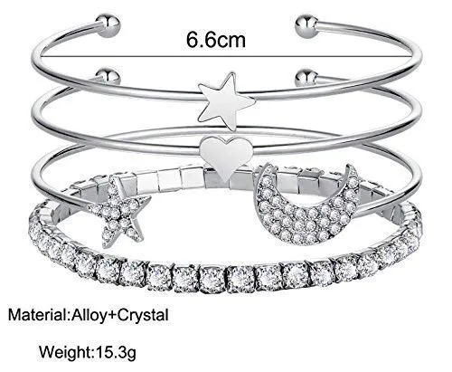 Yellow Chimes 4 PCS Set Stylish Heart Moon & Star Gold Plated Set Kadaa Bracelet for Women and Girls (Silver)