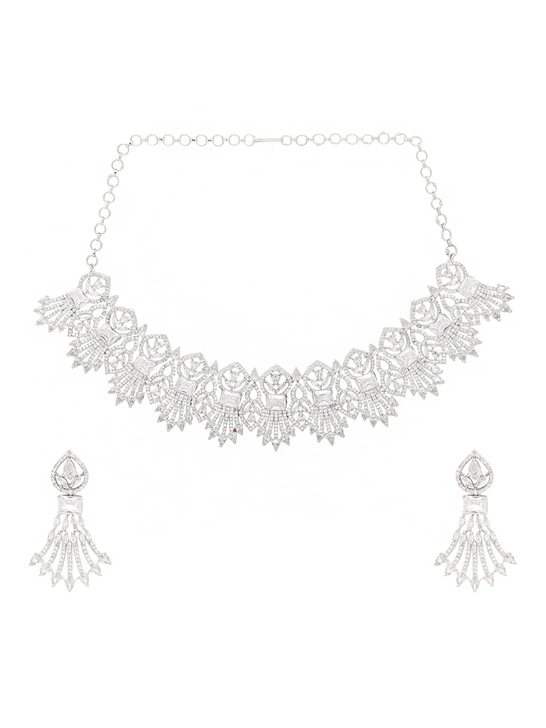 Yellow Chimes American Diamond Jewellery Set for Women Rhodium Plated Bridal Wedding White AD Jewellery Necklace Set for Women and Girls