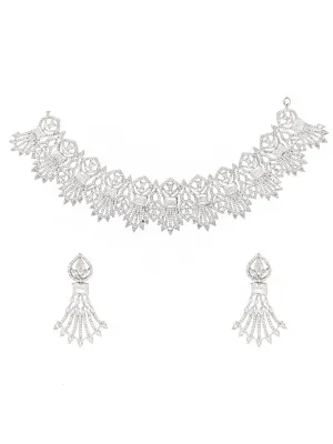 Yellow Chimes American Diamond Jewellery Set for Women Rhodium Plated Bridal Wedding White AD Jewellery Necklace Set for Women and Girls