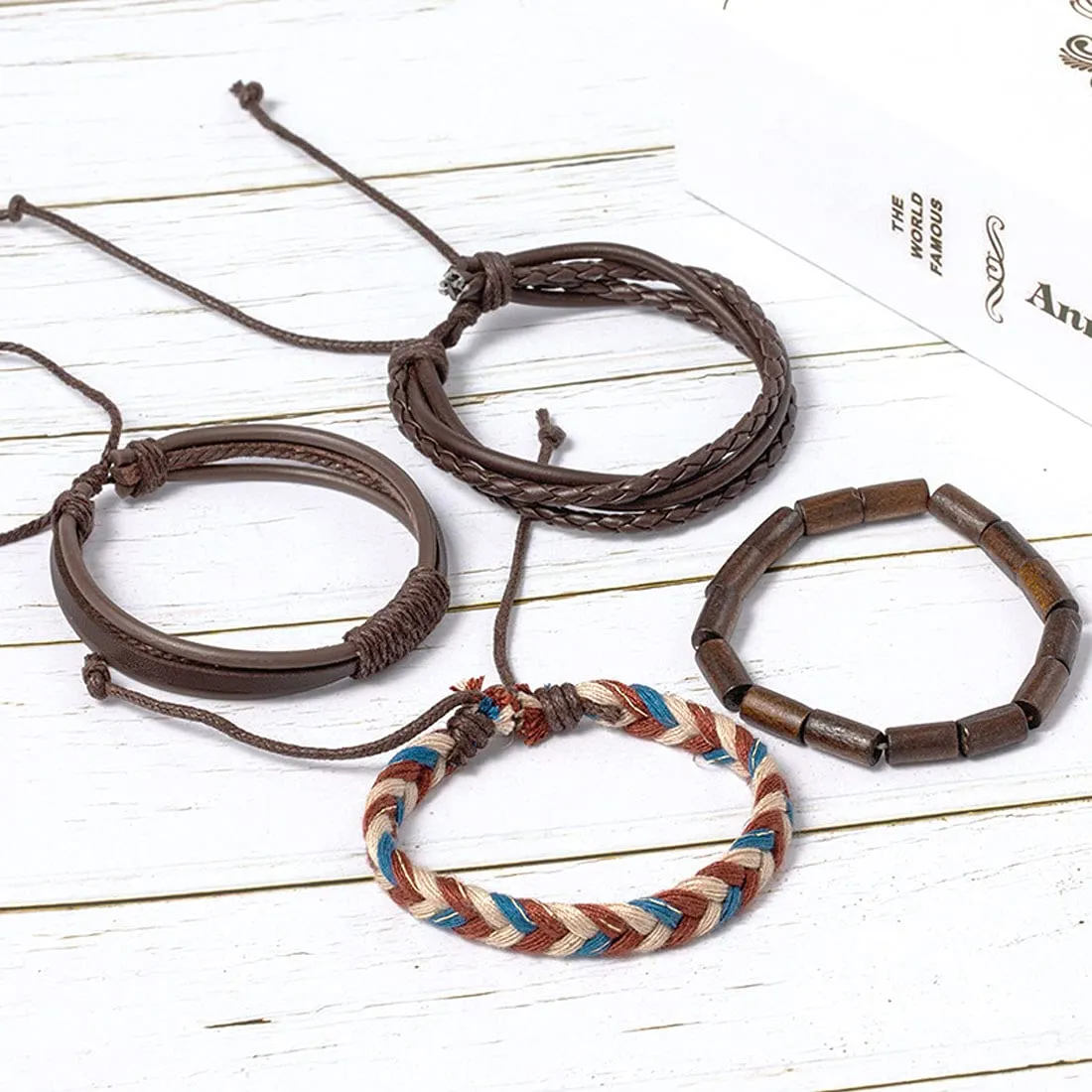Yellow Chimes Leather Bracelet for Men 4 Pcs Combo PU Leather Brown Wrap Bracelet for Men and Women.