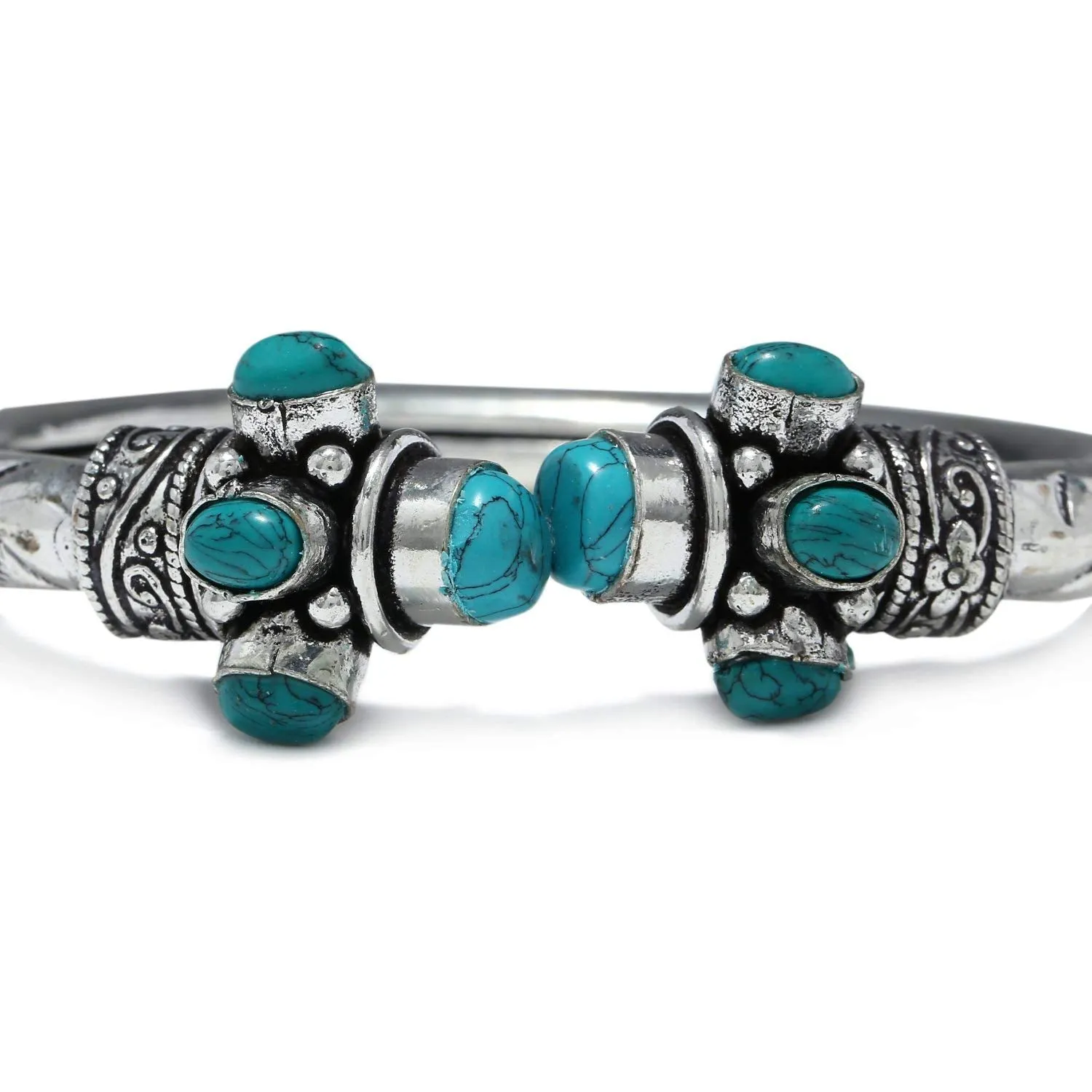 Yellow Chimes Oxidised Silver Bracelet for Men Turquoise Green Tribal Stone Silver Oxidised Kadaa Bangle Bracelet for Women and Girls